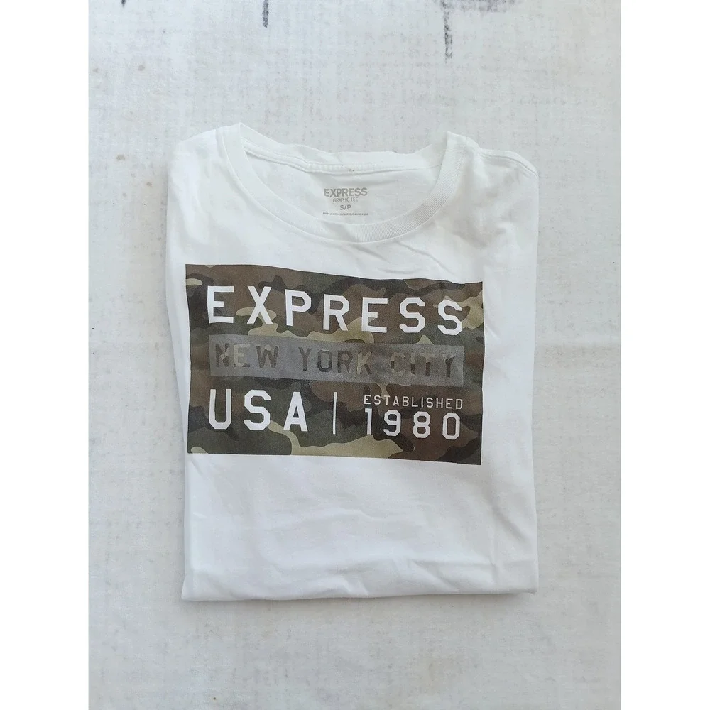 Express Men's White Graphic‎ Tee with Camouflage Print